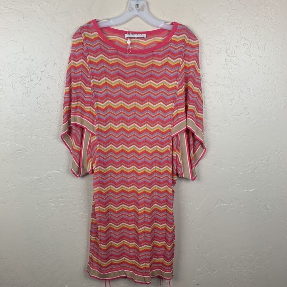 Trina Turk Knit Dress Size Small Pink Yellow Purple Lined Kimono Sleeve Beachy - Picture 1 of 6